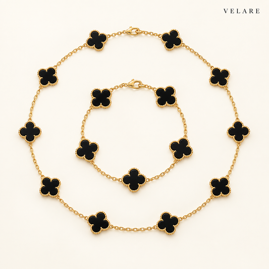 Conjunto Colar + Pulseira Trevo Preto em Prata 925 - Velare