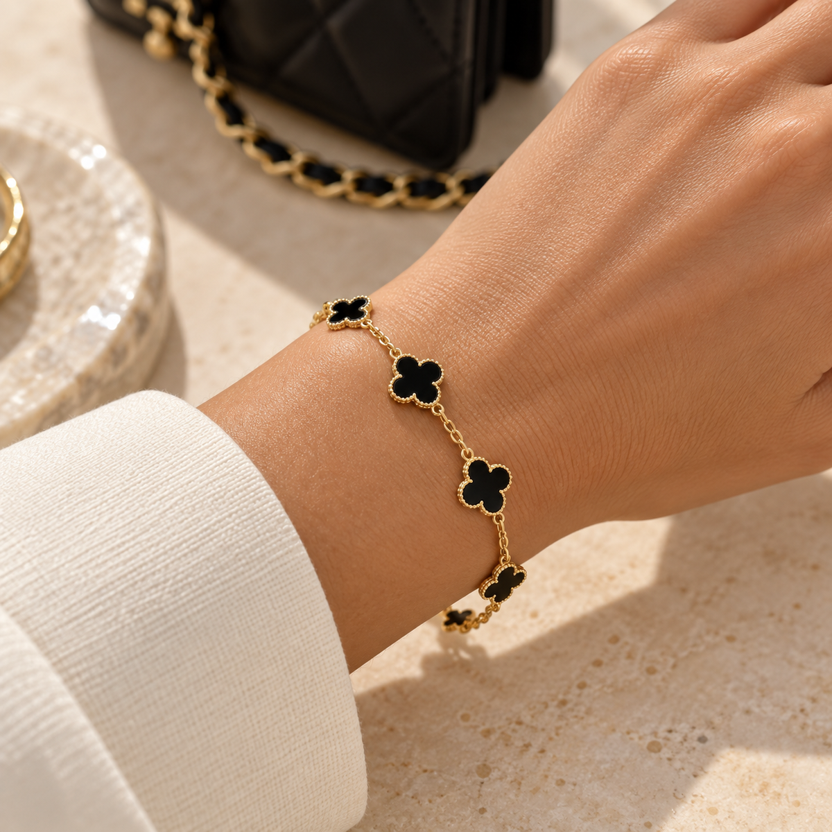 Conjunto Colar + Pulseira Trevo Preto em Prata 925 - Velare