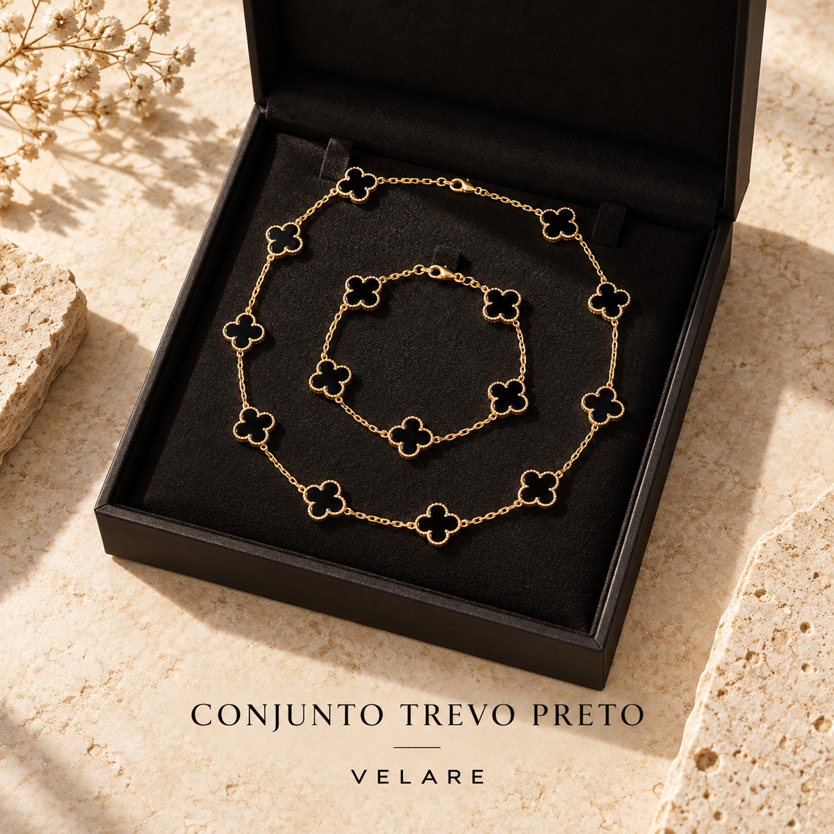 Conjunto Colar + Pulseira Trevo Preto em Prata 925 - Velare